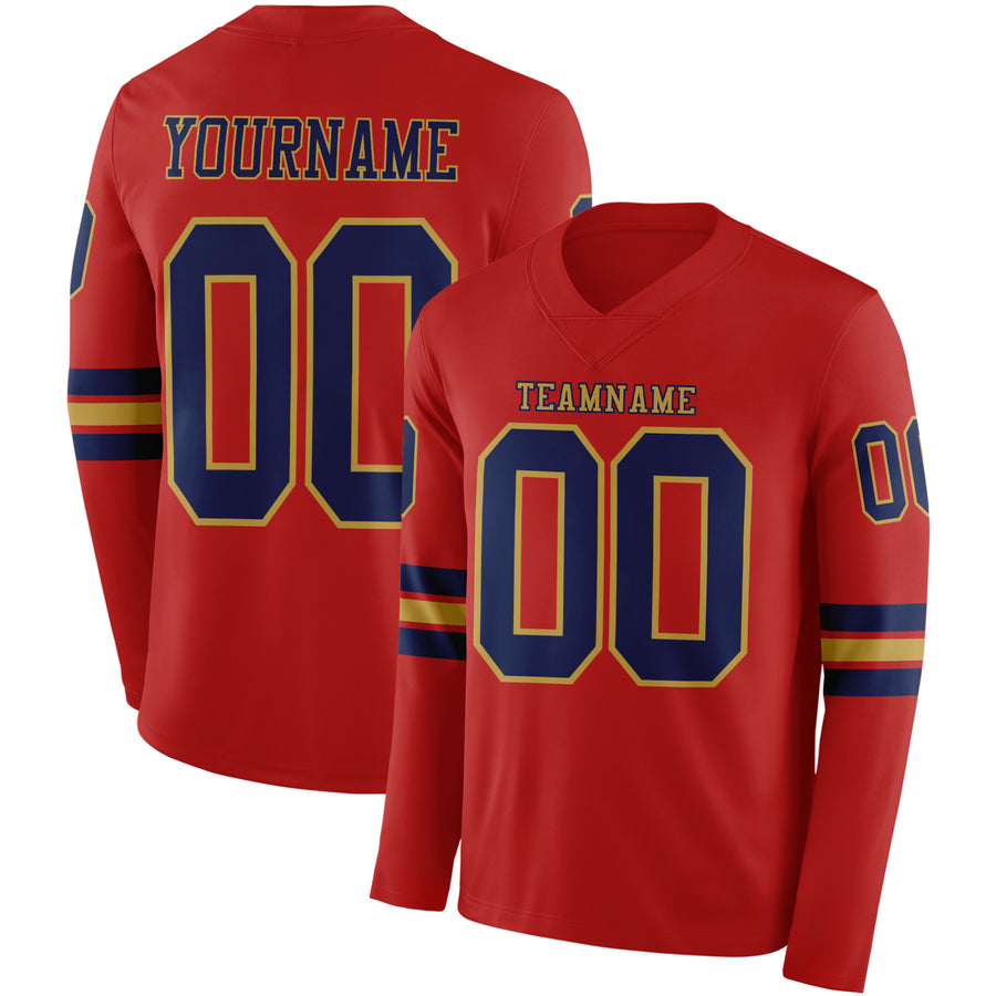 Custom Red Navy-Old Gold Long Sleeve Authentic Football Jersey