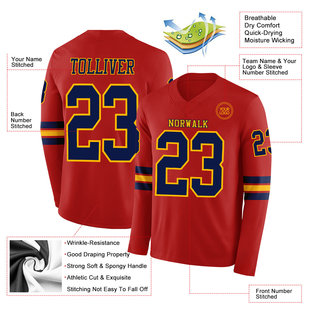 Custom Red Navy-Gold Long Sleeve Authentic Football Jersey
