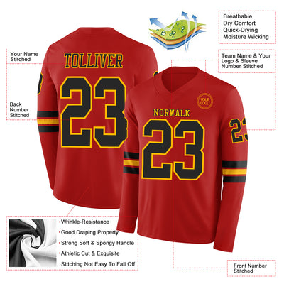Custom Red Black-Gold Long Sleeve Authentic Football Jersey