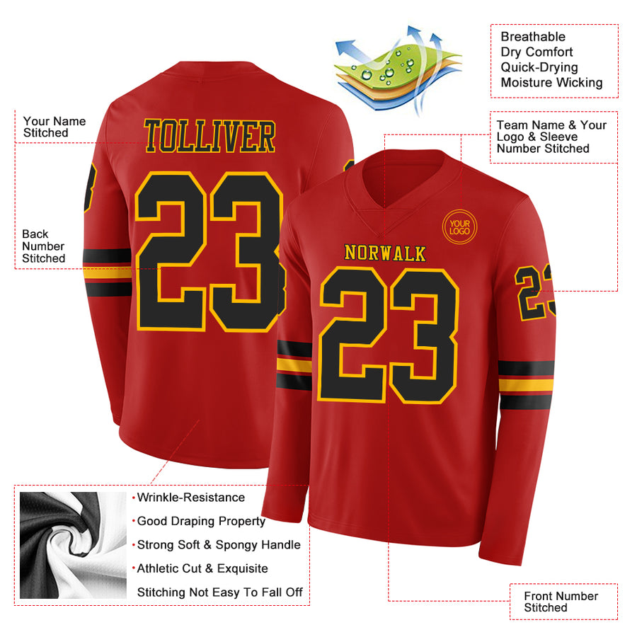 Custom Red Black-Gold Long Sleeve Authentic Football Jersey