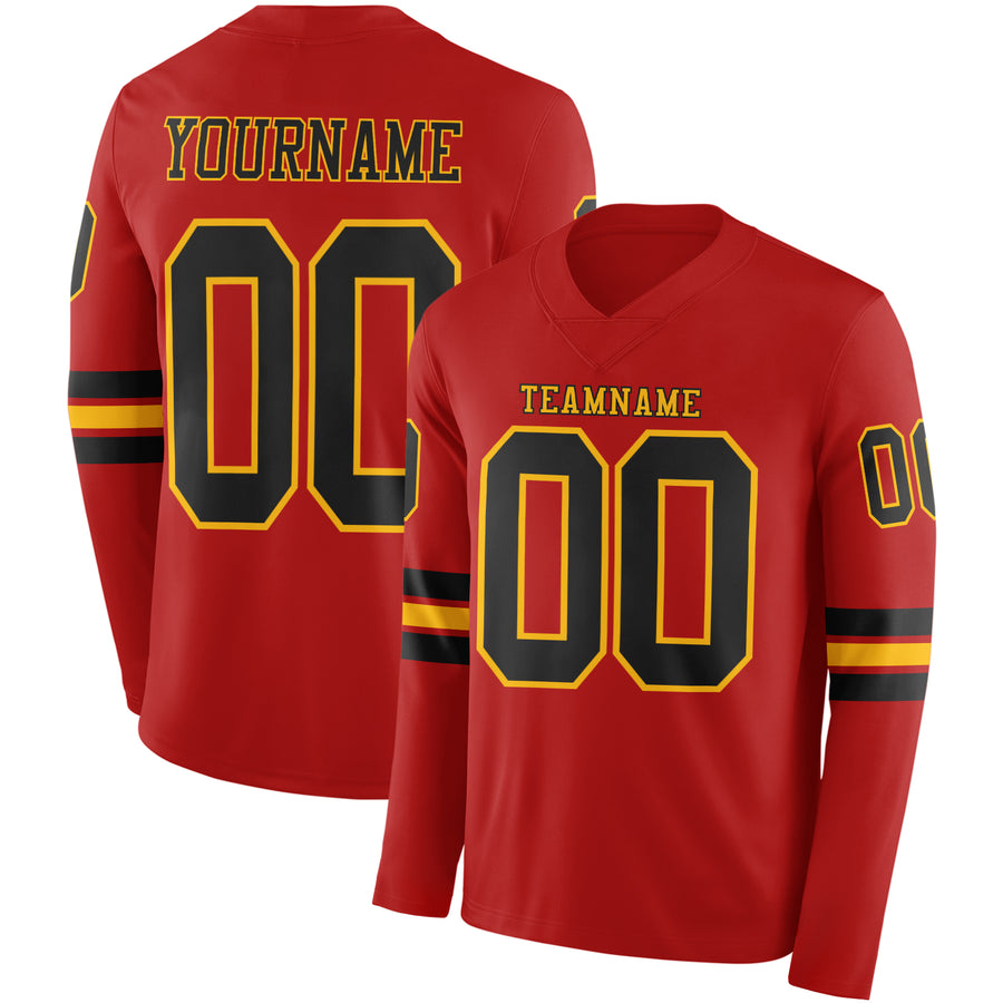 Custom Red Black-Gold Long Sleeve Authentic Football Jersey