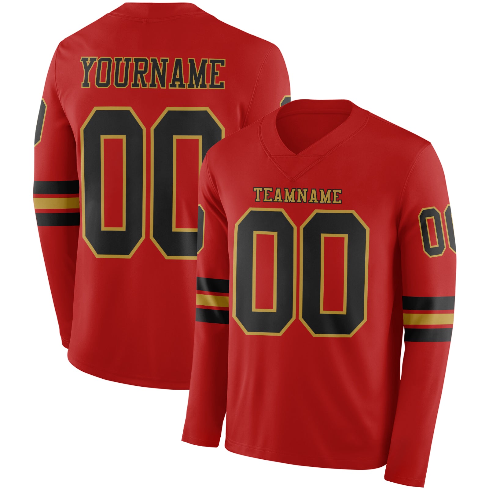 Custom Red Black-Old Gold Long Sleeve Authentic Football Jersey