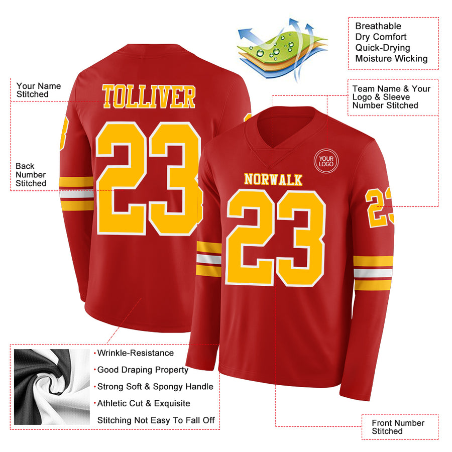 Custom Red Gold-White Long Sleeve Authentic Football Jersey