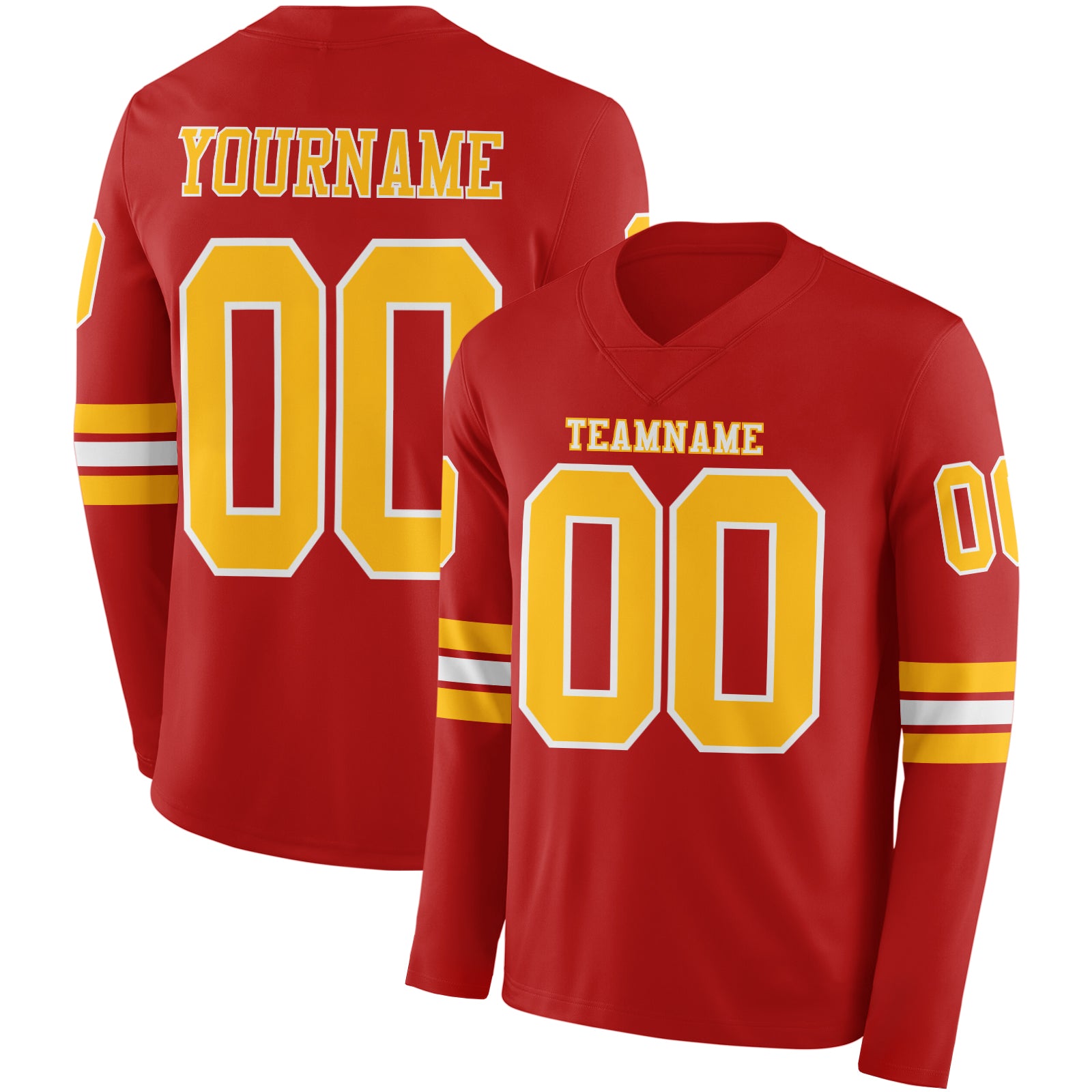 Custom Red Gold-White Long Sleeve Authentic Football Jersey