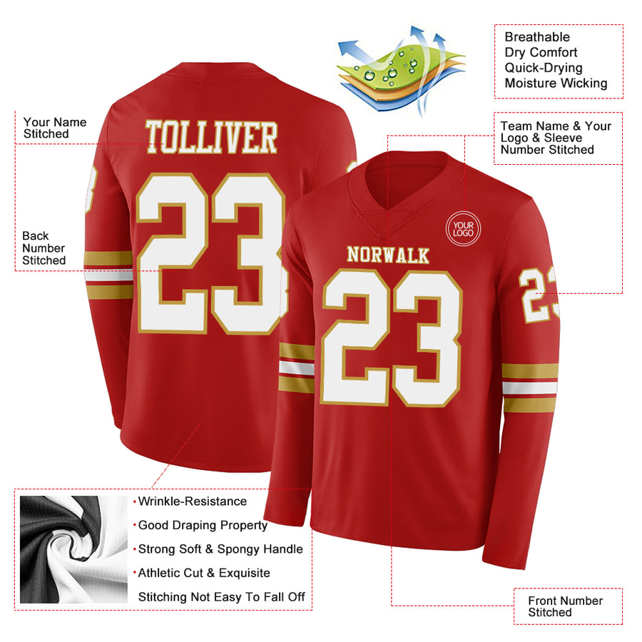 Custom Red White-Old Gold Long Sleeve Authentic Football Jersey