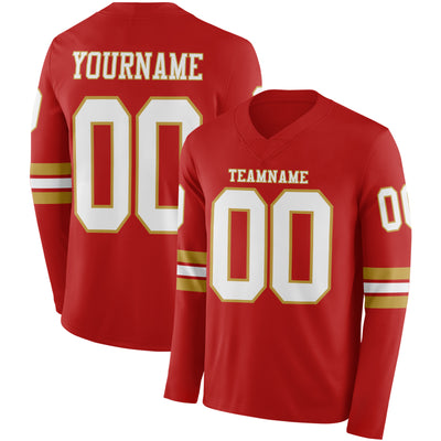 Custom Red White-Old Gold Long Sleeve Authentic Football Jersey