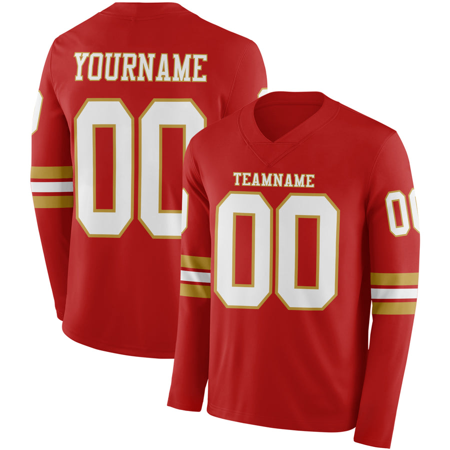 Custom Red White-Old Gold Long Sleeve Authentic Football Jersey