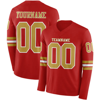 Custom Red Old Gold-White Long Sleeve Authentic Football Jersey