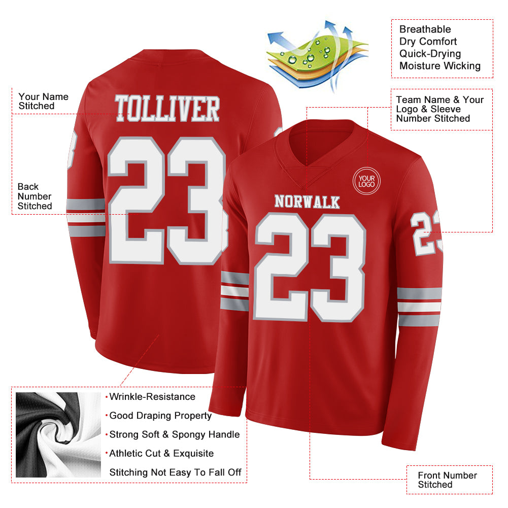Custom Red White-Gray Long Sleeve Authentic Football Jersey