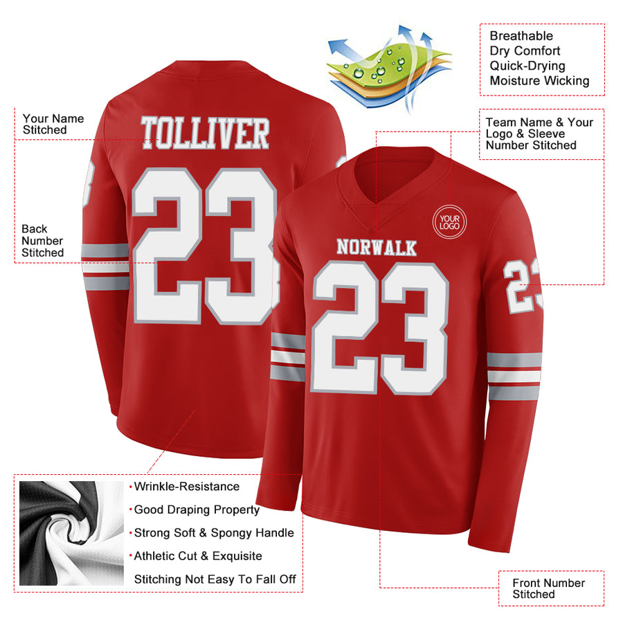 Custom Red White-Gray Long Sleeve Authentic Football Jersey