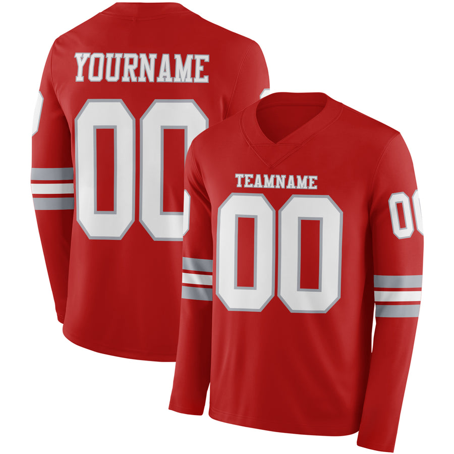 Custom Red White-Gray Long Sleeve Authentic Football Jersey