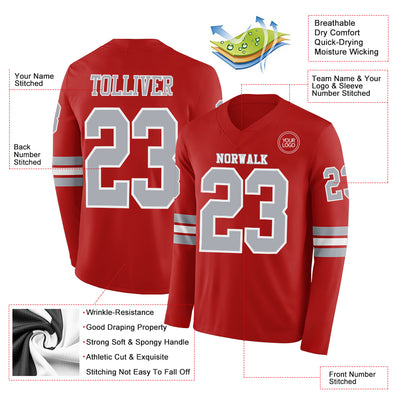 Custom Red Gray-White Long Sleeve Authentic Football Jersey