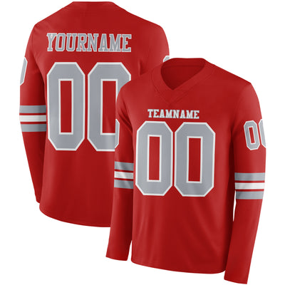 Custom Red Gray-White Long Sleeve Authentic Football Jersey