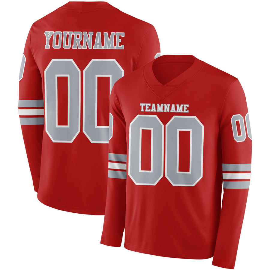 Custom Red Gray-White Long Sleeve Authentic Football Jersey