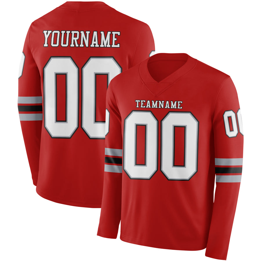 Custom Red White Gray-Black Long Sleeve Authentic Football Jersey