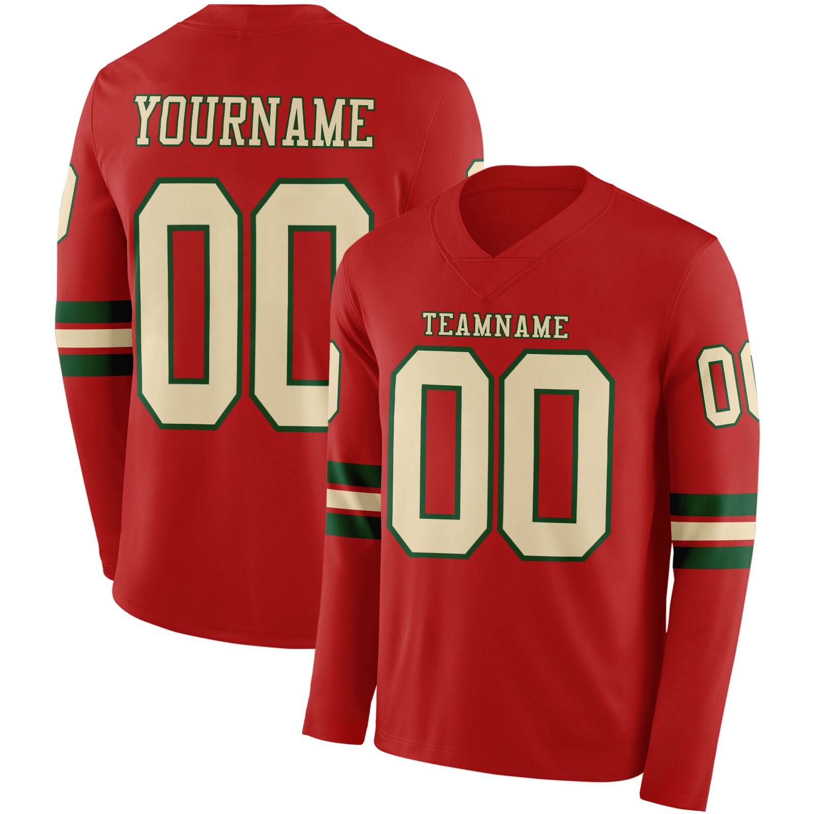 Custom Red Cream-Green Long Sleeve Authentic Football Jersey