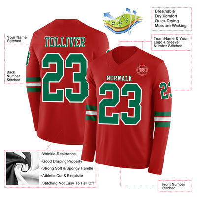 Custom Red Kelly Green-White Long Sleeve Authentic Football Jersey