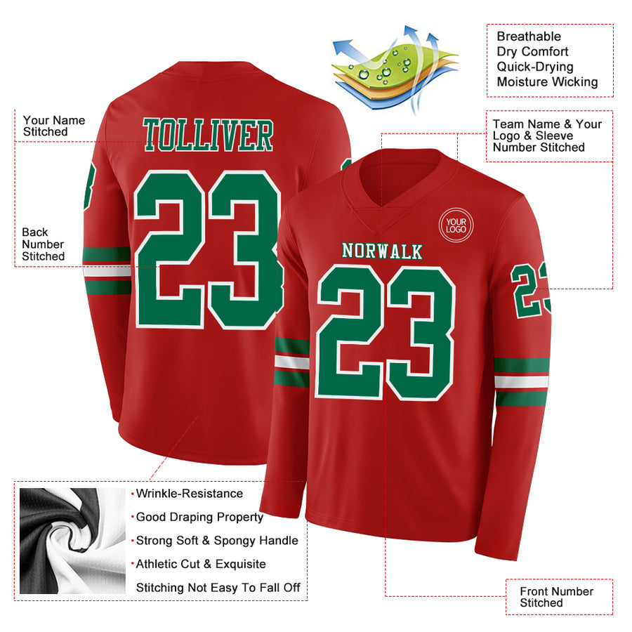 Custom Red Kelly Green-White Long Sleeve Authentic Football Jersey
