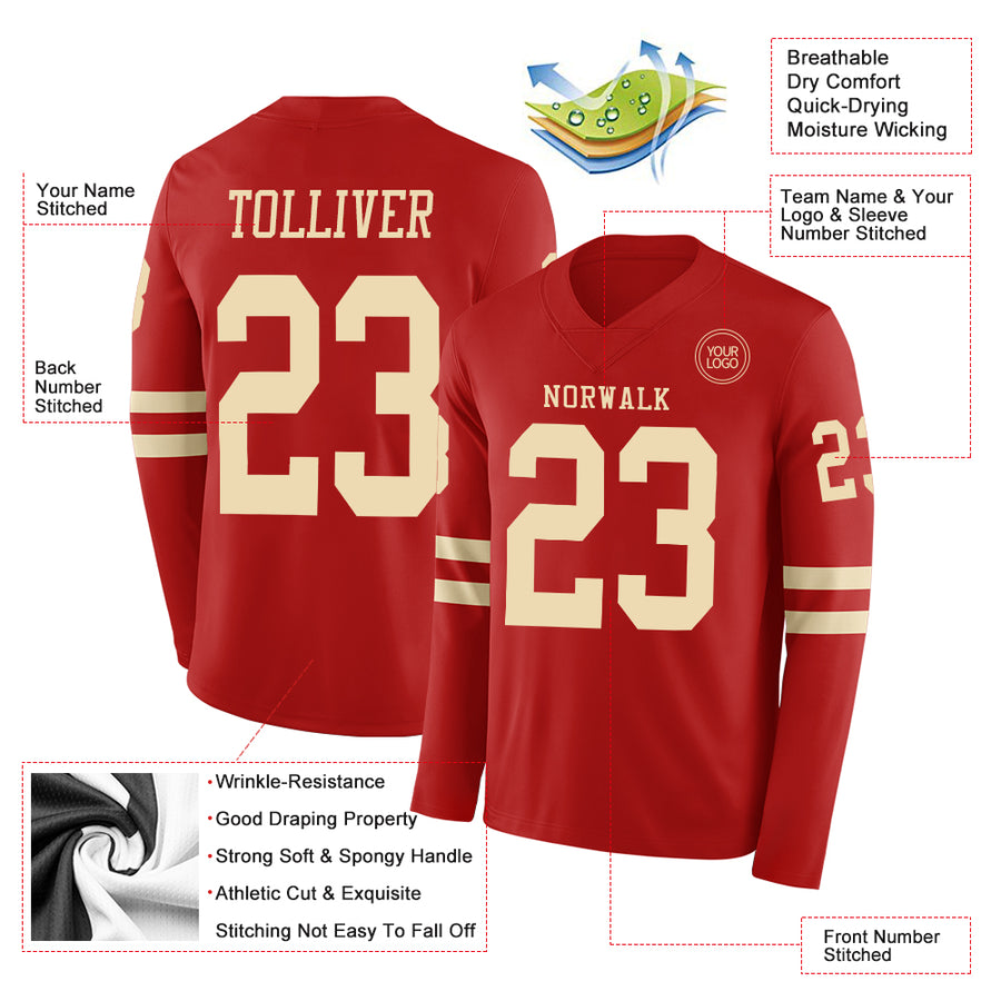 Custom Red Cream Long Sleeve Authentic Football Jersey