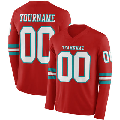 Custom Red White-Teal Long Sleeve Authentic Football Jersey