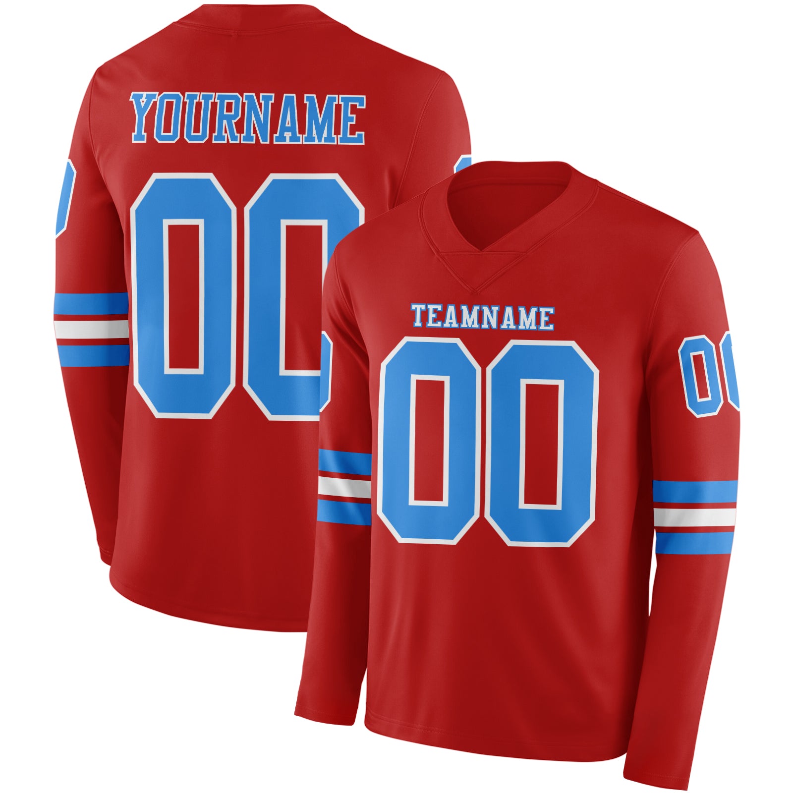 Custom Red Powder Blue-White Long Sleeve Authentic Football Jersey