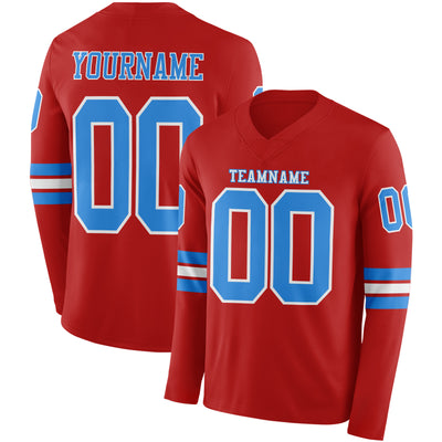 Custom Red Powder Blue-White Long Sleeve Authentic Football Jersey
