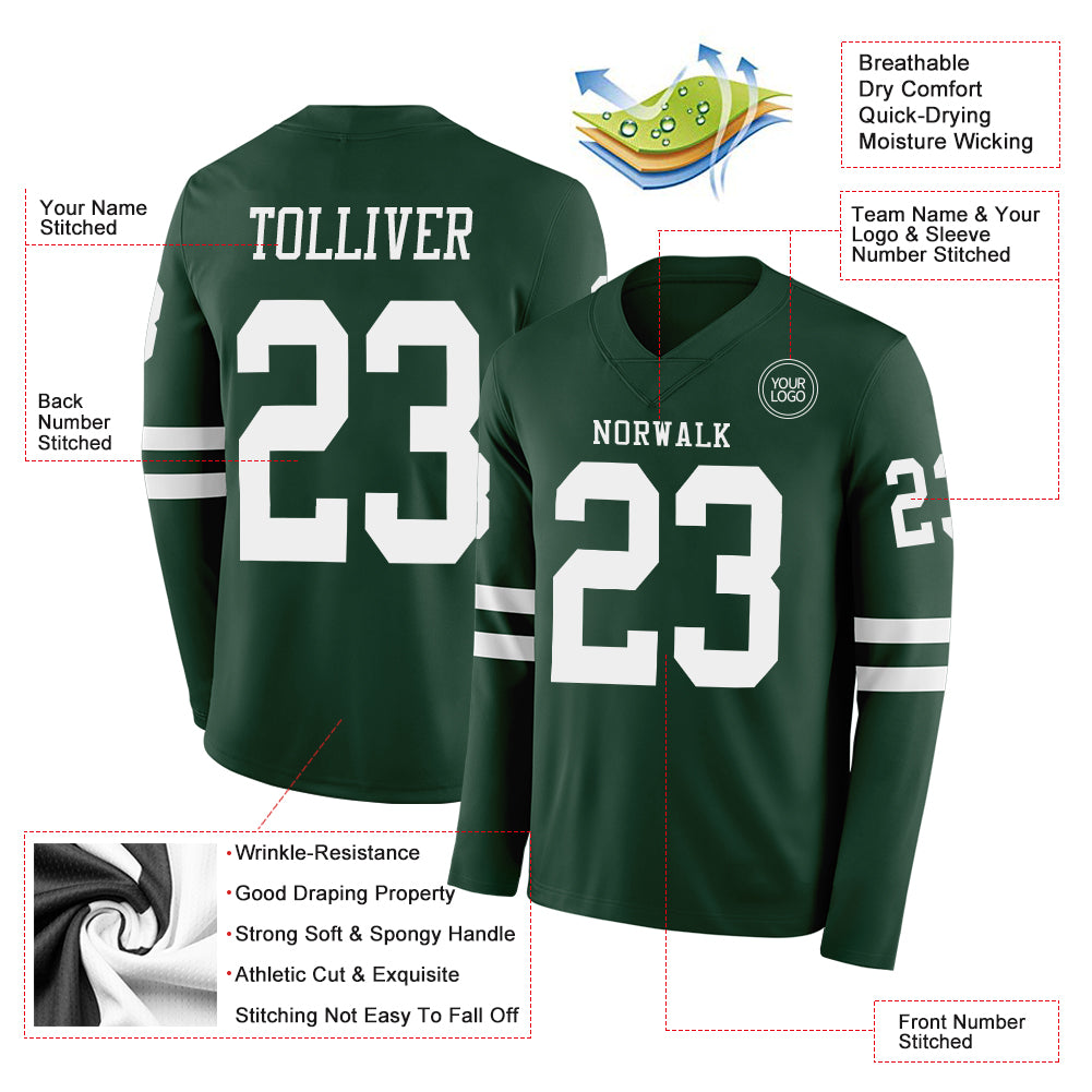 Custom Green White Long Sleeve Authentic Football Jersey