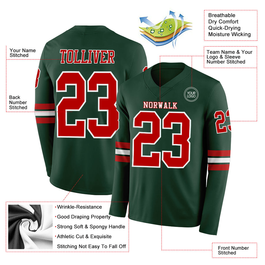 Custom Green Red-White Long Sleeve Authentic Football Jersey