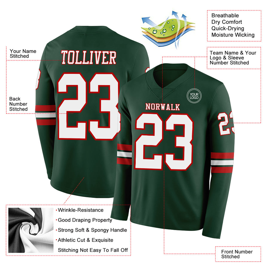 Custom Green White-Red Long Sleeve Authentic Football Jersey