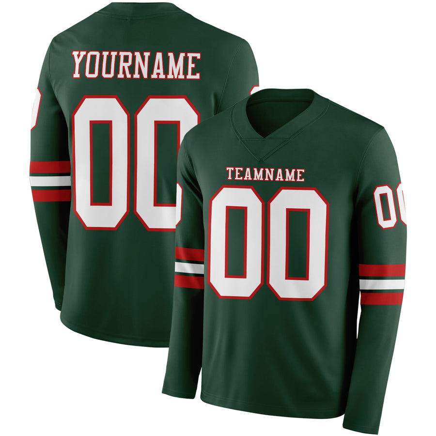 Custom Green White-Red Long Sleeve Authentic Football Jersey