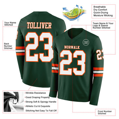 Custom Green White-Orange Long Sleeve Authentic Football Jersey