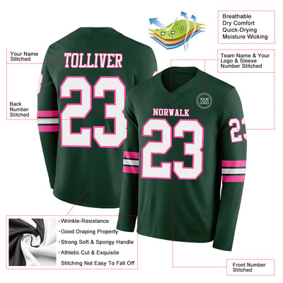 Custom Green White-Pink Long Sleeve Authentic Football Jersey