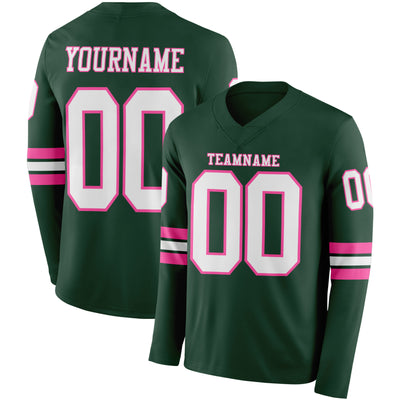 Custom Green White-Pink Long Sleeve Authentic Football Jersey