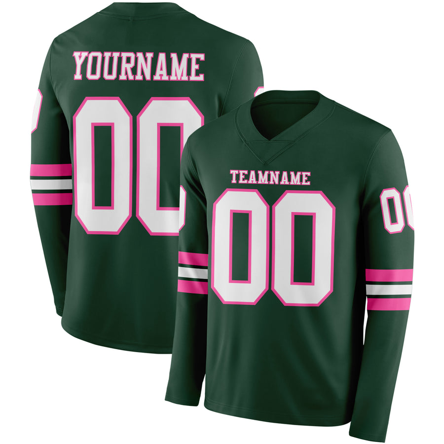 Custom Green White-Pink Long Sleeve Authentic Football Jersey