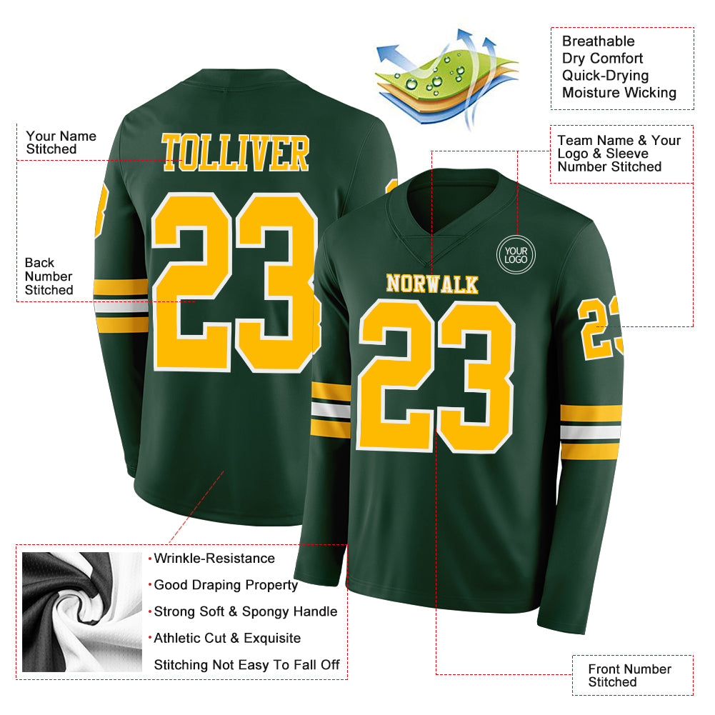 Custom Green Gold-White Long Sleeve Authentic Football Jersey