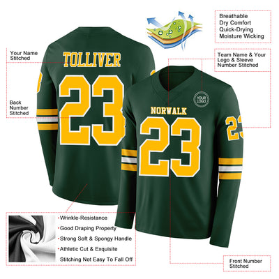 Custom Green Gold-White Long Sleeve Authentic Football Jersey