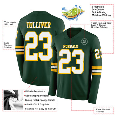 Custom Green White-Gold Long Sleeve Authentic Football Jersey