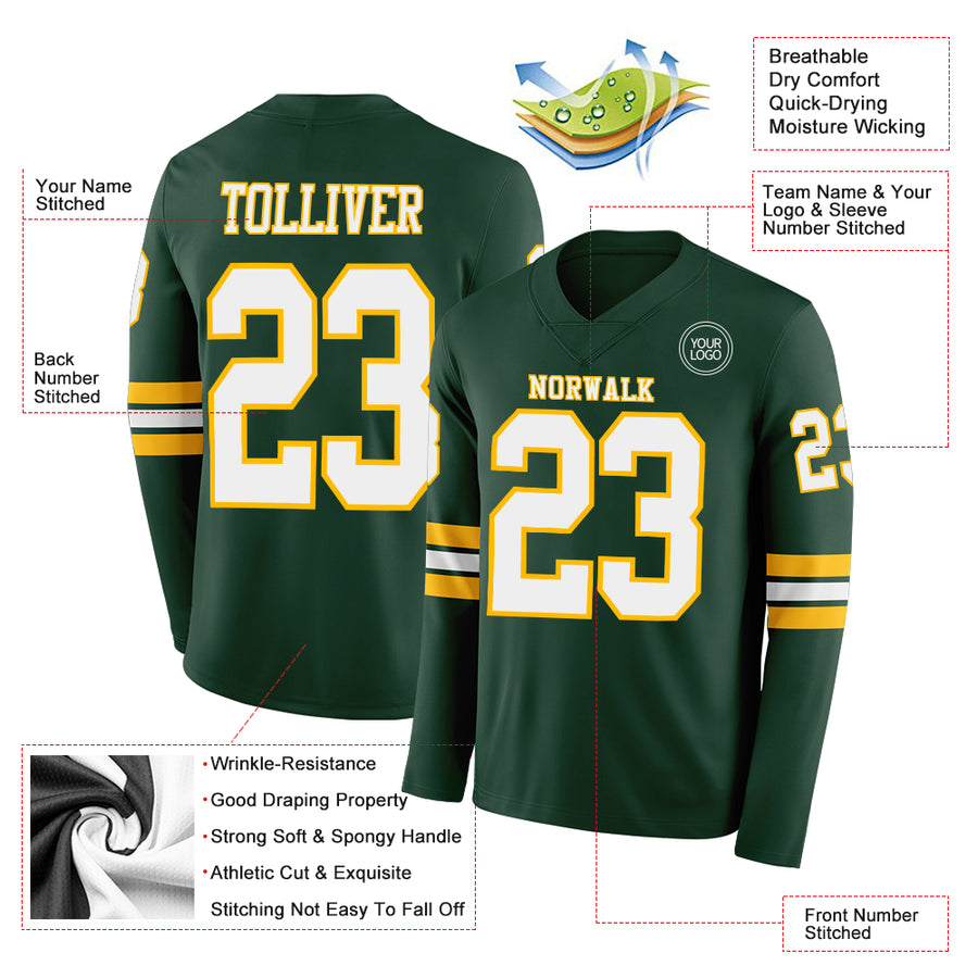 Custom Green White-Gold Long Sleeve Authentic Football Jersey