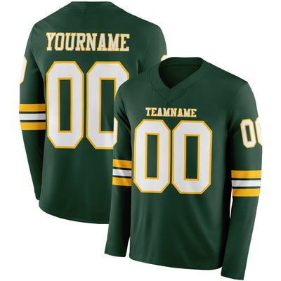 Custom Green White-Gold Long Sleeve Authentic Football Jersey