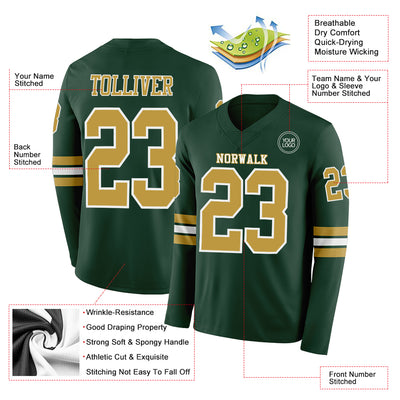 Custom Green Old Gold-White Long Sleeve Authentic Football Jersey