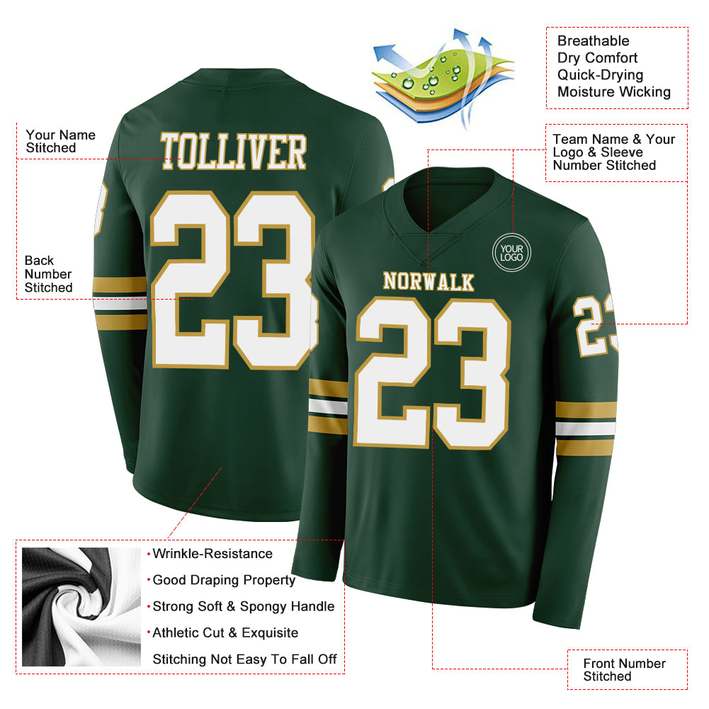 Custom Green White-Old Gold Long Sleeve Authentic Football Jersey