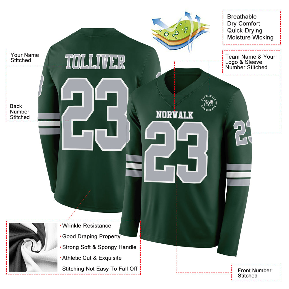 Custom Green Gray-White Long Sleeve Authentic Football Jersey