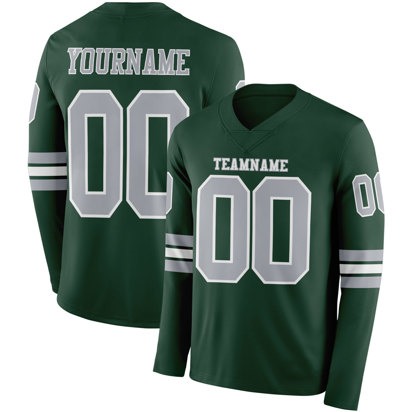 Custom Green Gray-White Long Sleeve Authentic Football Jersey