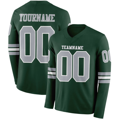 Custom Green Gray-White Long Sleeve Authentic Football Jersey