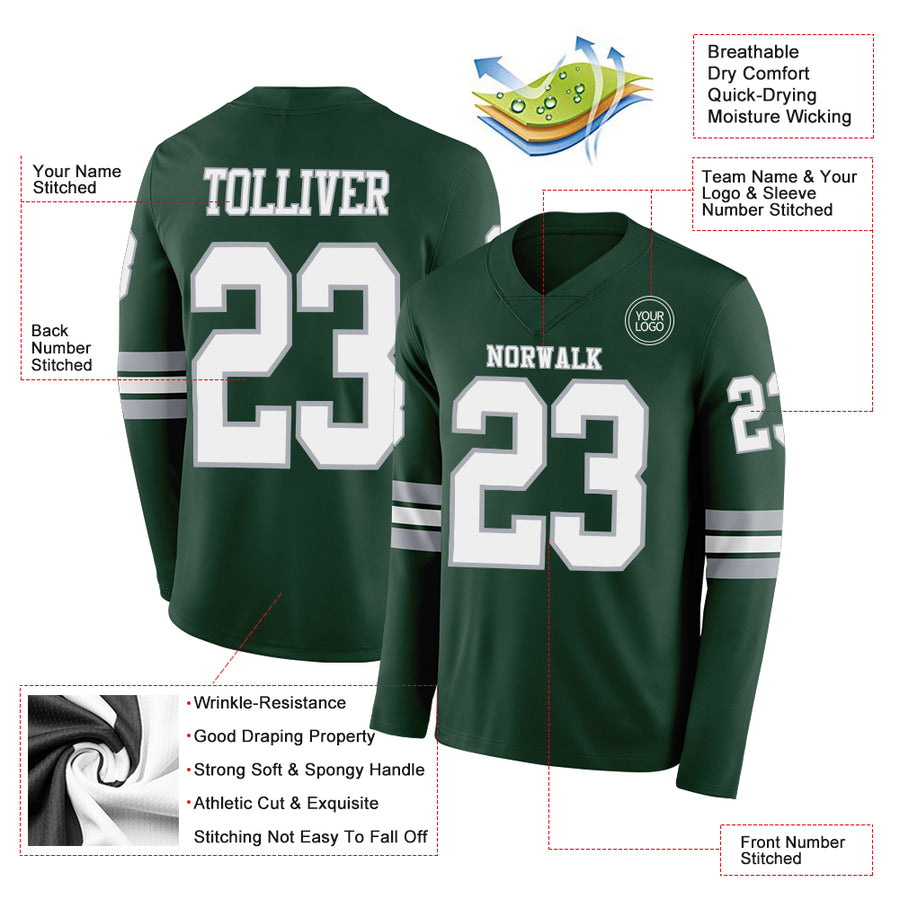 Custom Green White-Gray Long Sleeve Authentic Football Jersey