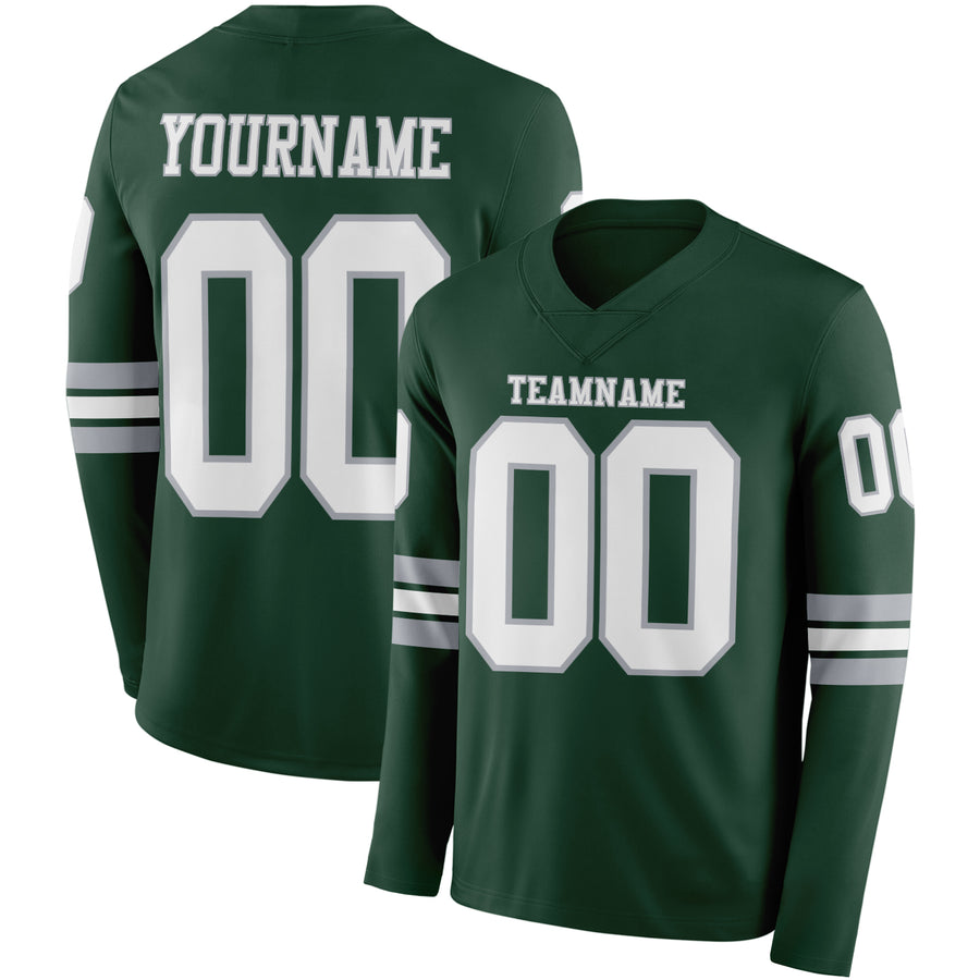 Custom Green White-Gray Long Sleeve Authentic Football Jersey