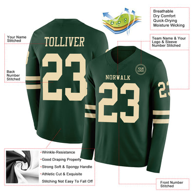 Custom Green Cream Long Sleeve Authentic Football Jersey