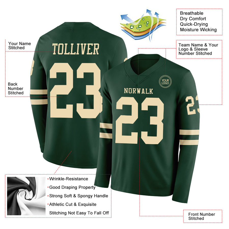 Custom Green Cream Long Sleeve Authentic Football Jersey