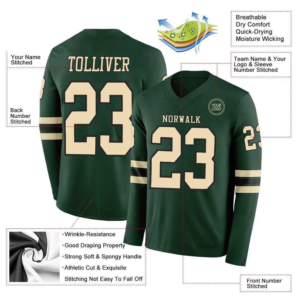 Custom Green Cream-Black Long Sleeve Authentic Football Jersey