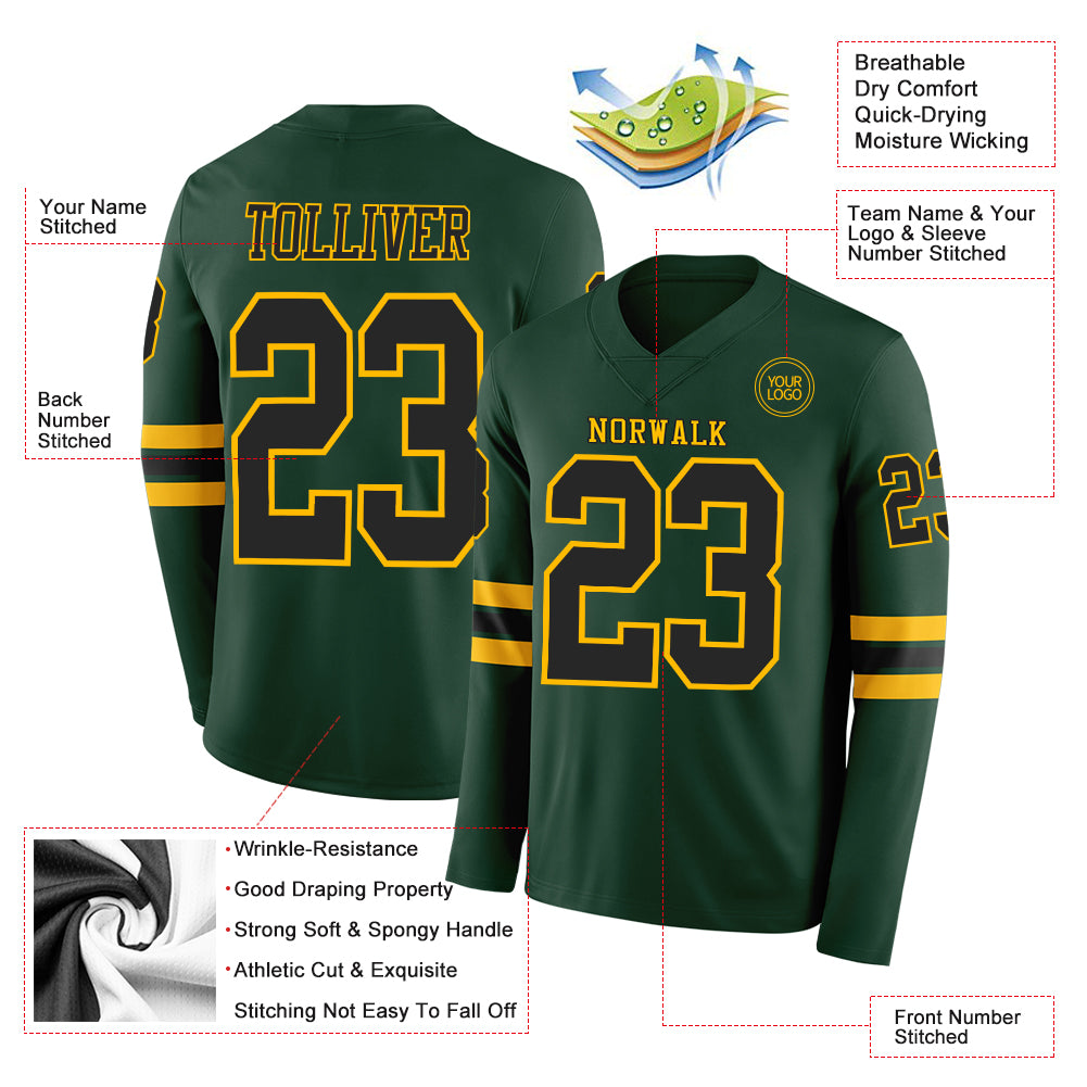 Custom Green Black-Gold Long Sleeve Authentic Football Jersey